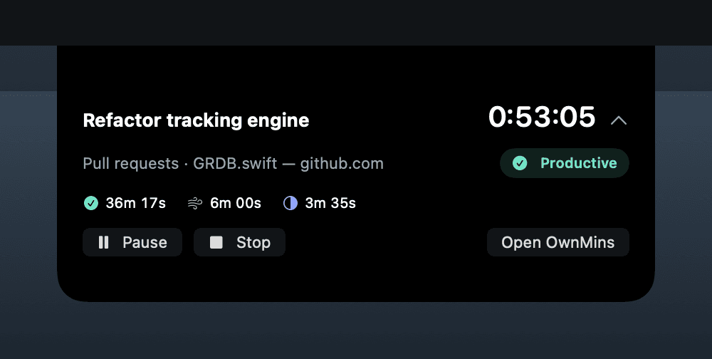 OwnMins notch panel showing a running session at 0:53:05 with Pause and Stop buttons
